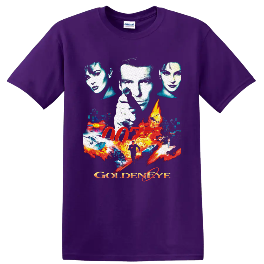 James Bond GoldenEye 007 retro spy collage with 007 logo, flames, cars and weapons on a Purple T Shirt