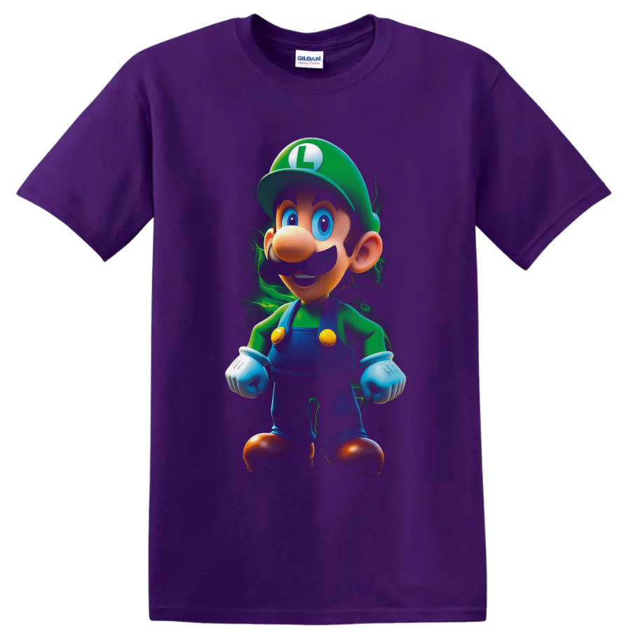 Luigi Super Mario cartoon character with a glowing green electric aura on a Purple T Shirt