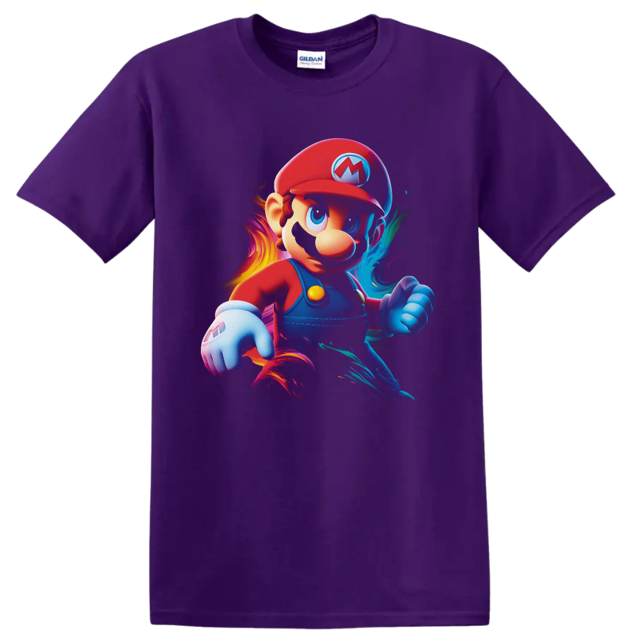 Mario Super Mario Bros action portrait with vivid neon-style color swirls on a Purple T Shirt