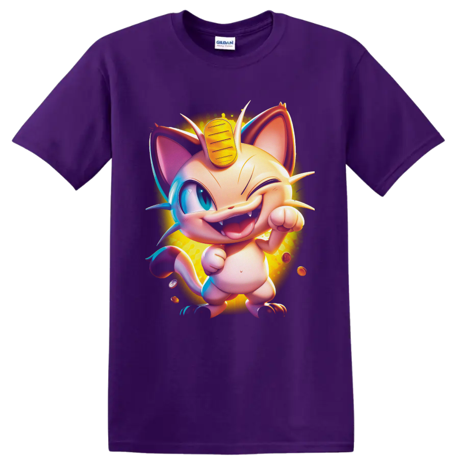 Winking Meowth with forehead coin, floating coins, and glowing cartoon artwork on a Purple T Shirt