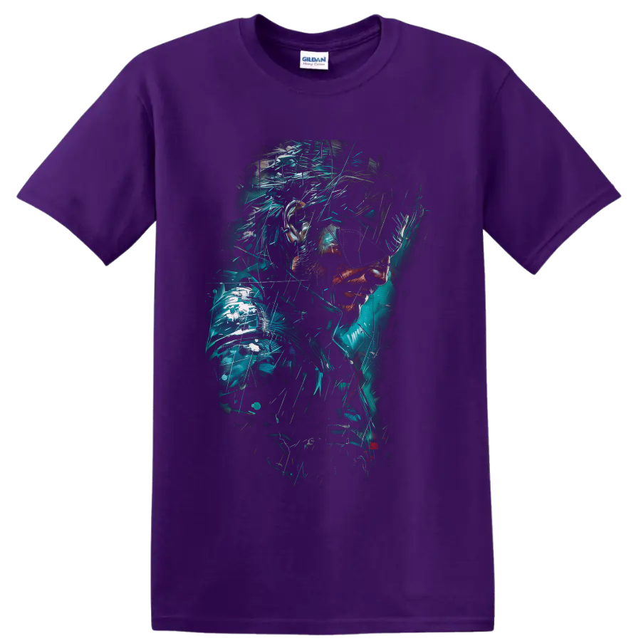 Venom Snake cyberpunk portrait with teal glitch fragments and tactical armor on a Purple T Shirt