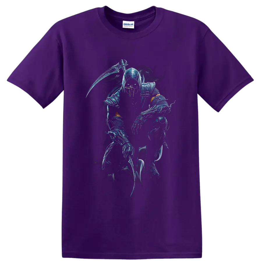 Noob Saibot shadow ninja with scythe, icy blue armor, and spectral smoke on a Purple T Shirt