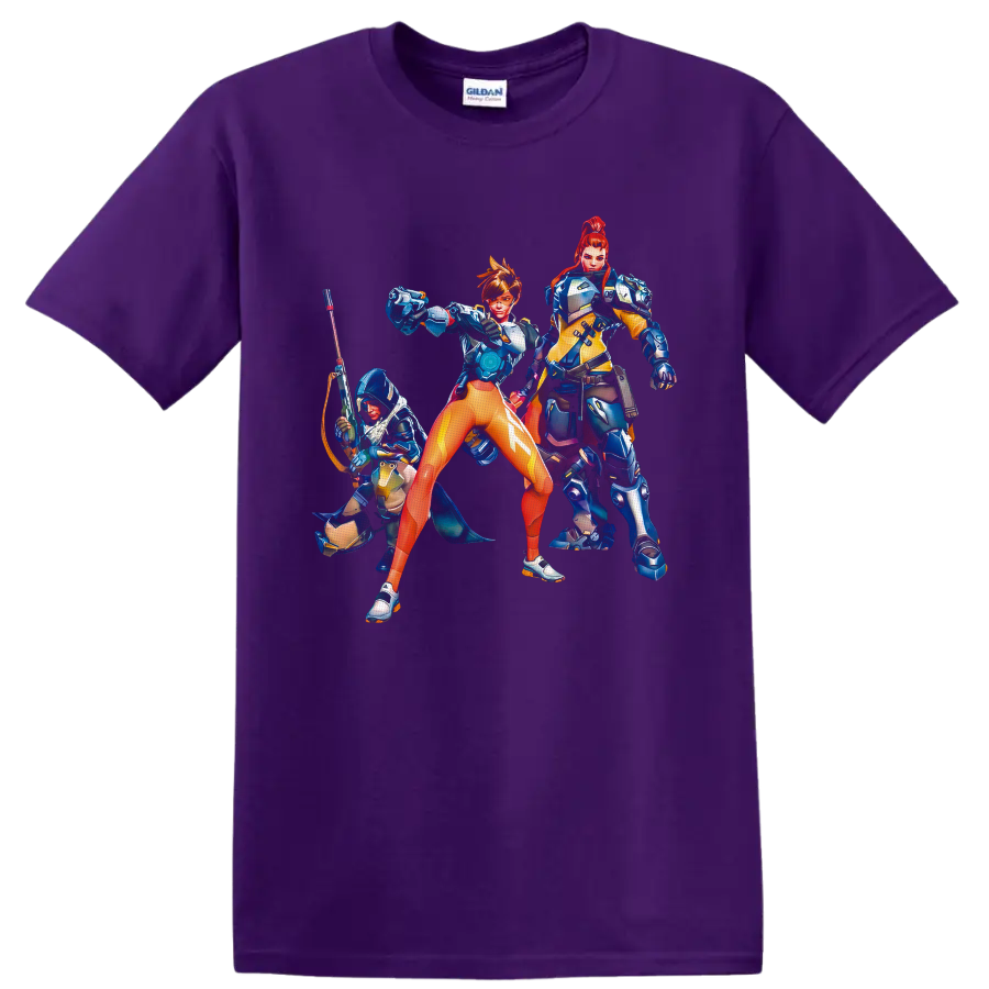 Tracer, Brigitte, and Ana in vivid Overwatch sci-fi hero squad artwork on a Purple T Shirt