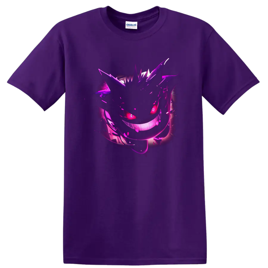 Gengar Pokémon neon purple ghost artwork with glowing eyes and a wide grin on a Purple T Shirt