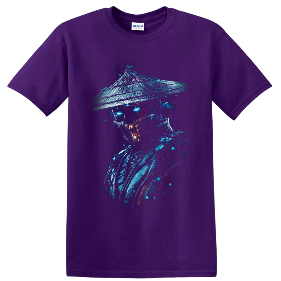 Raiden in rain with glowing blue eyes, straw hat, and dark fantasy armor on a Purple T Shirt
