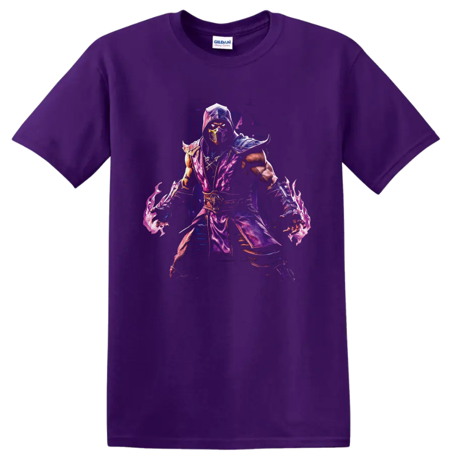 Rain Mortal Kombat purple masked ninja with armor and swirling water energy on a Purple T Shirt
