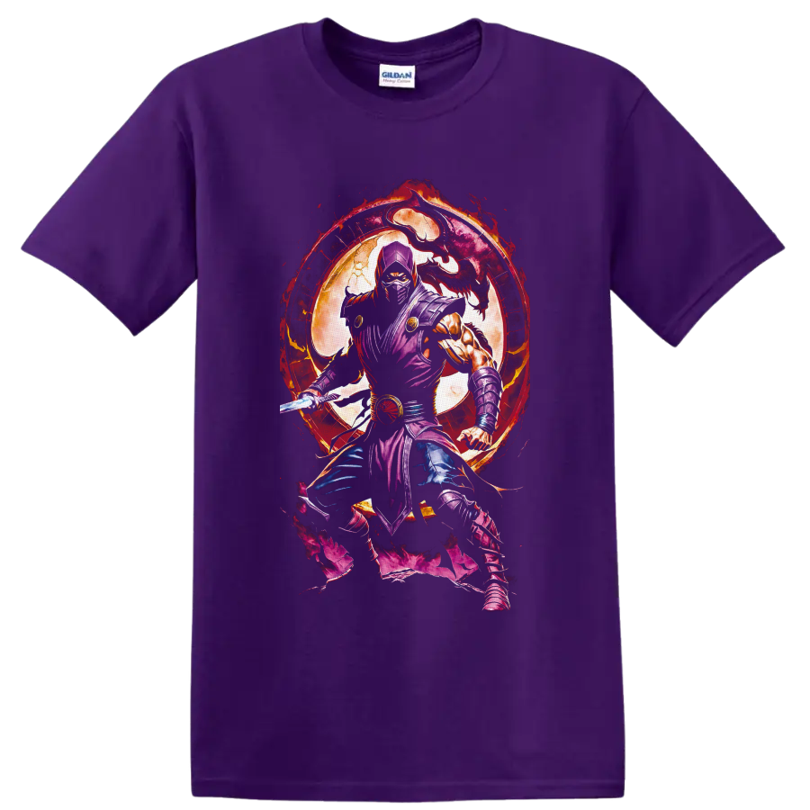 Rain purple ninja with sword, dragon silhouette, full moon, and fiery portal on a Purple T Shirt