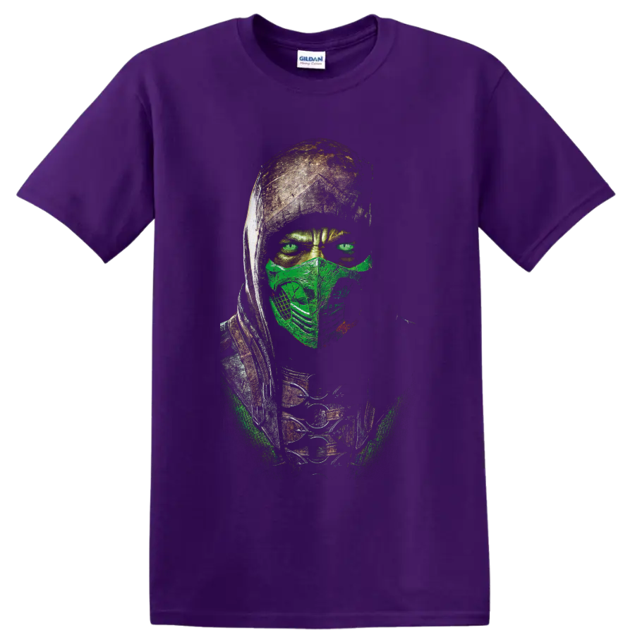 Reptile Mortal Kombat masked green ninja warrior portrait in distressed graphic style on a Purple T Shirt