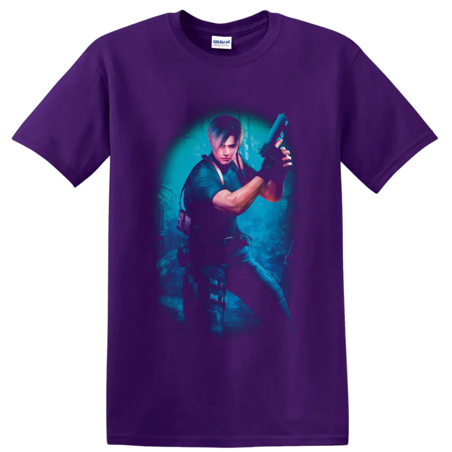 Leon Kennedy tactical action artwork in a misty blue survival-horror forest on a Purple T Shirt