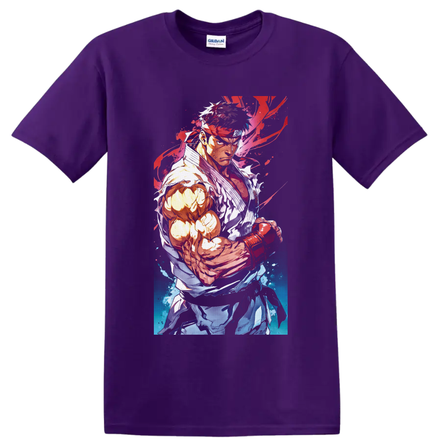 Ryu Street Fighter martial arts fighter in vibrant red and blue watercolor anime style on a Purple T Shirt