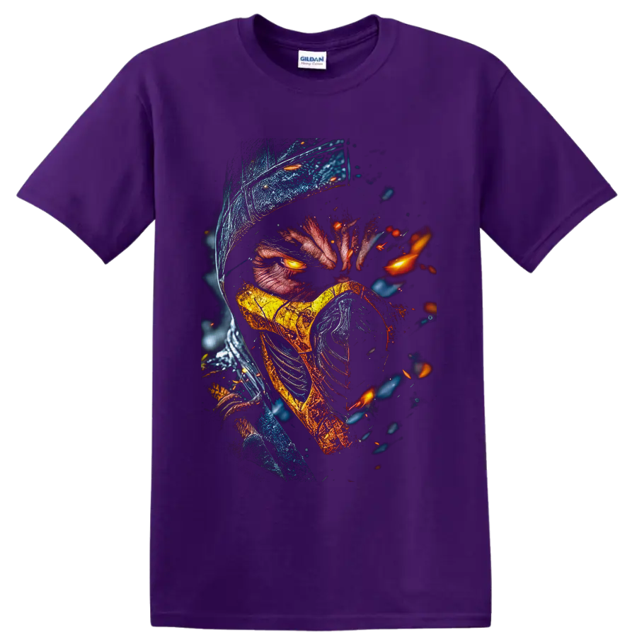 Scorpion in a hood and gold mask with glowing eyes and fiery embers on a Purple T Shirt