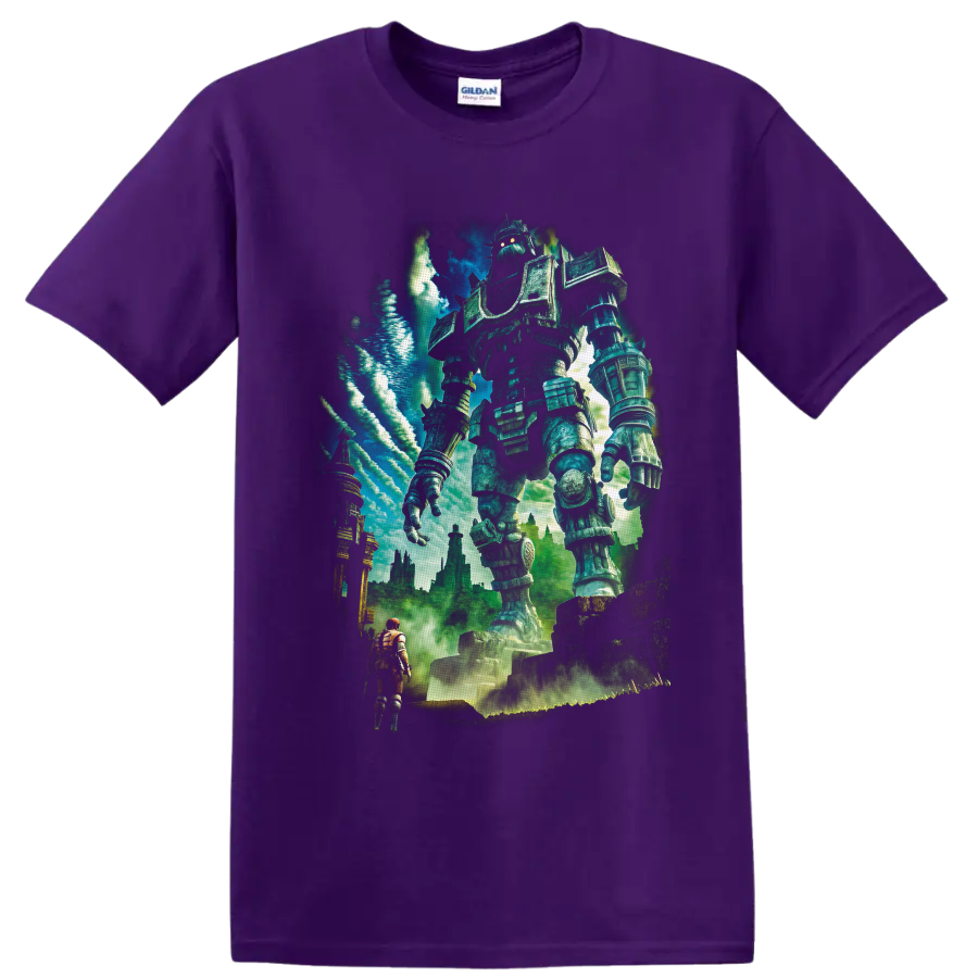 Towering Colossus guardian above a lone adventurer in painterly fantasy ruins on a Purple T Shirt