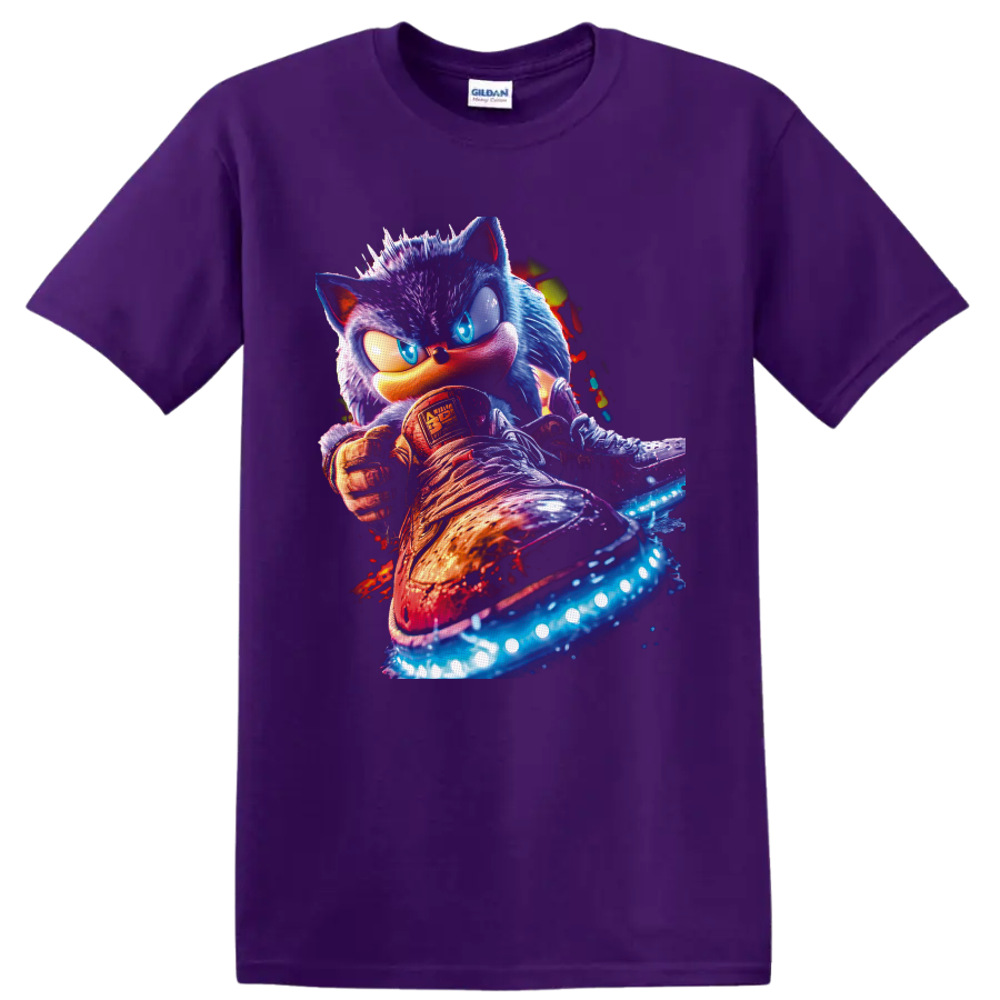 Sonic the Hedgehog neon action portrait with glowing sneakers and splatter effects on a Purple T Shirt
