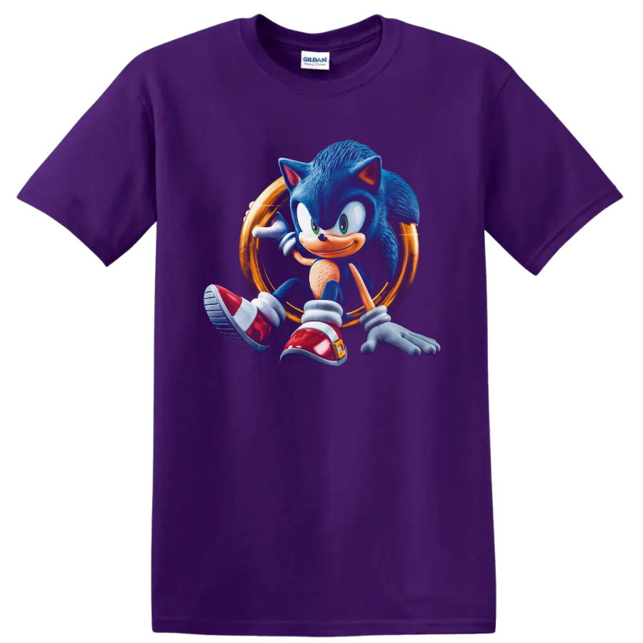 Sonic the Hedgehog seated in a glowing golden ring, detailed retro game character art on a Purple T Shirt