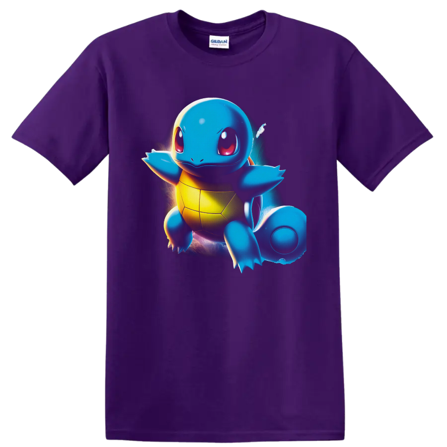 Squirtle Pokémon with glowing cosmic backdrop and vivid digital-art highlights on a Purple T Shirt