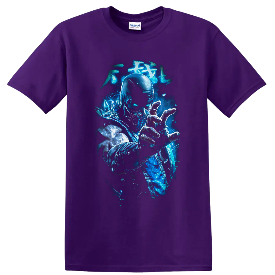 Sub-Zero ice ninja with glowing blue energy, crystalline shards, and combat armor on a Purple T Shirt