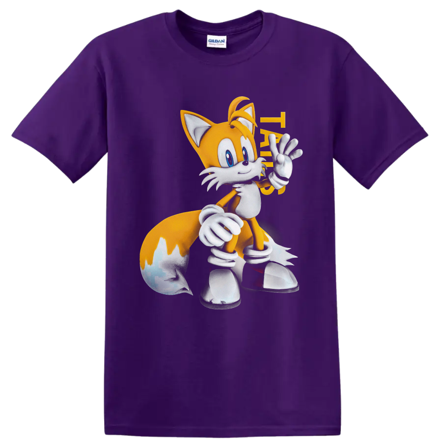 Tails from Sonic the Hedgehog waving in bright retro cartoon art on a Purple T Shirt