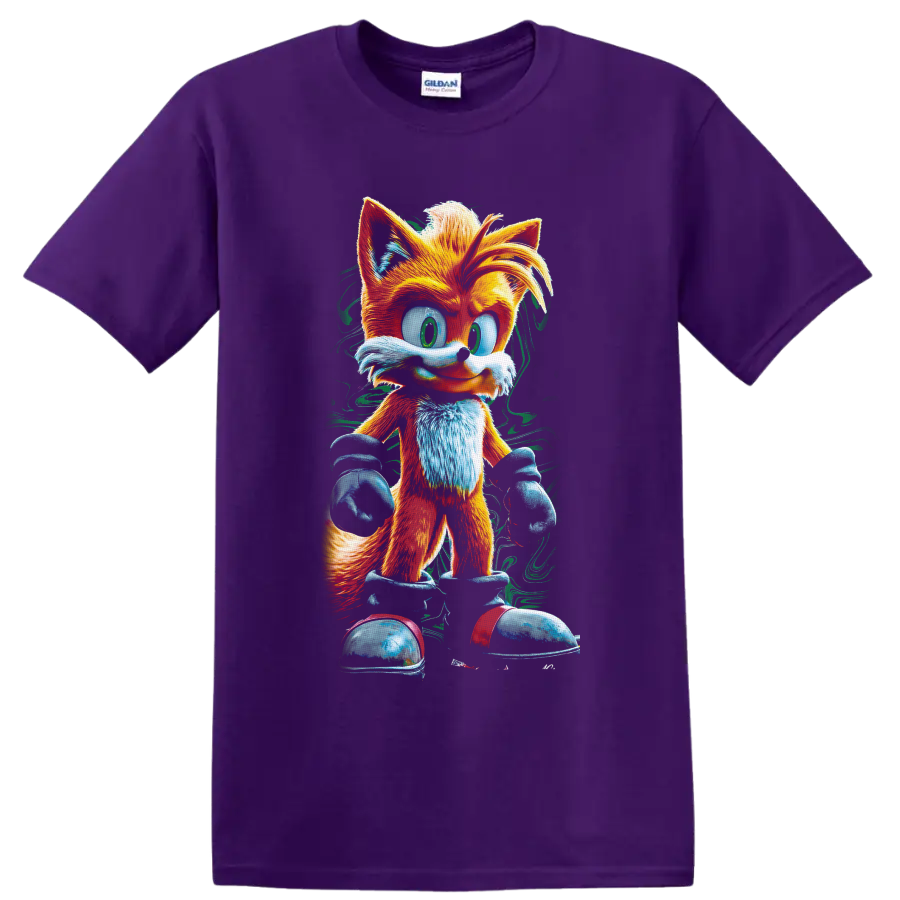 Tails Sonic the Hedgehog two-tailed fox in colorful textured cartoon art on a Purple T Shirt