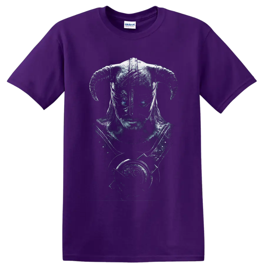 Dragonborn Skyrim warrior portrait with horned Nordic helmet and dragon emblem on a Purple T Shirt