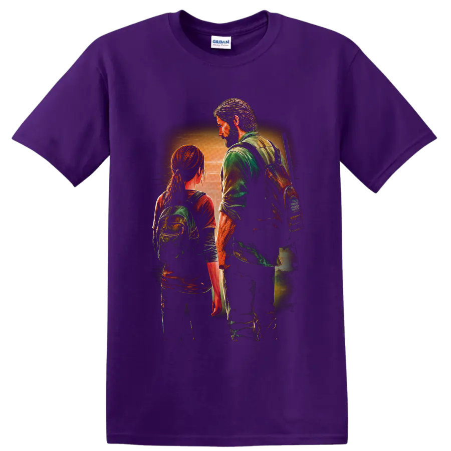 Joel and Ellie sunset survivor scene in textured painterly gaming art on a Purple T Shirt