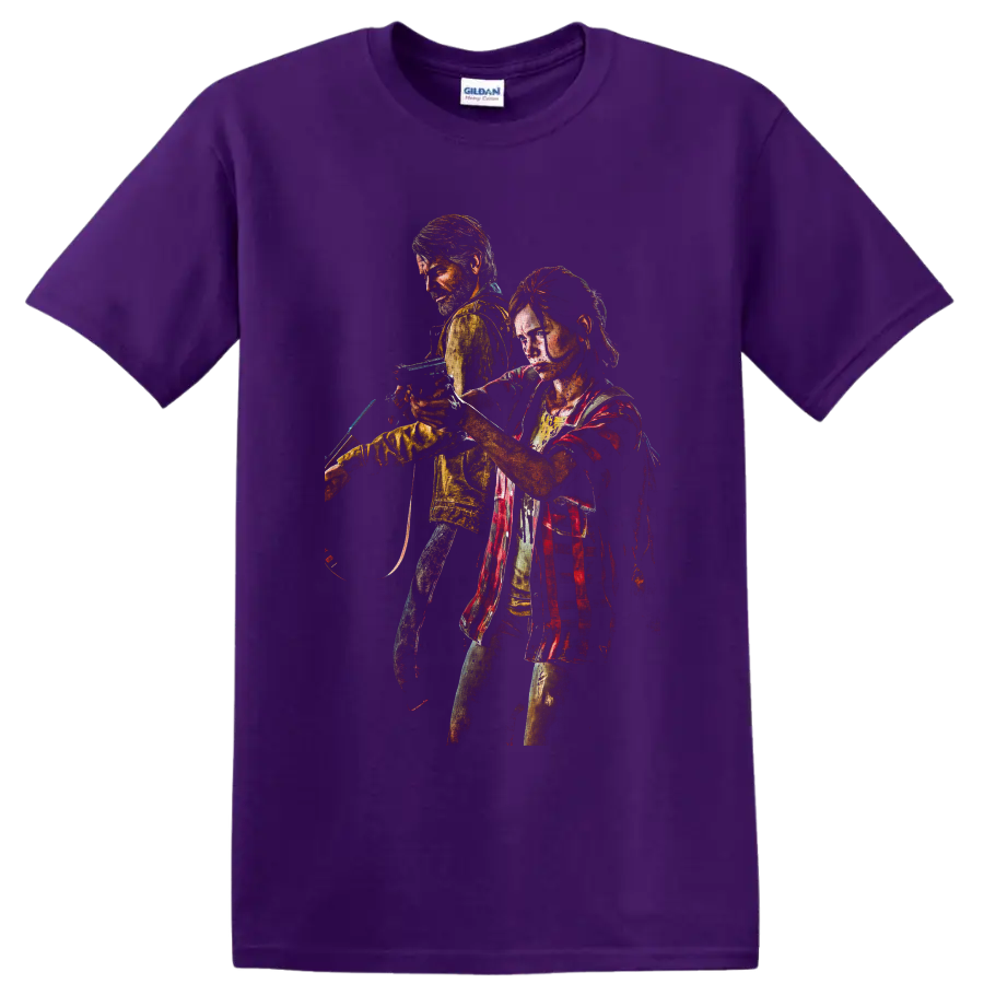 Joel and Ellie distressed survival character artwork from The Last of Us on a Purple T Shirt
