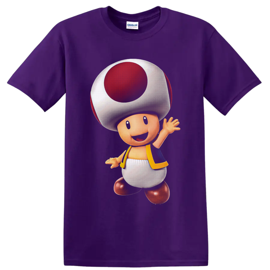 Toad from Super Mario waving in colorful polished character art on a Purple T Shirt