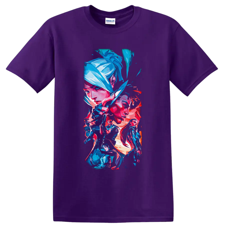 Valorant Agents in a neon blue, pink, and red angular gaming character collage on a Purple T Shirt