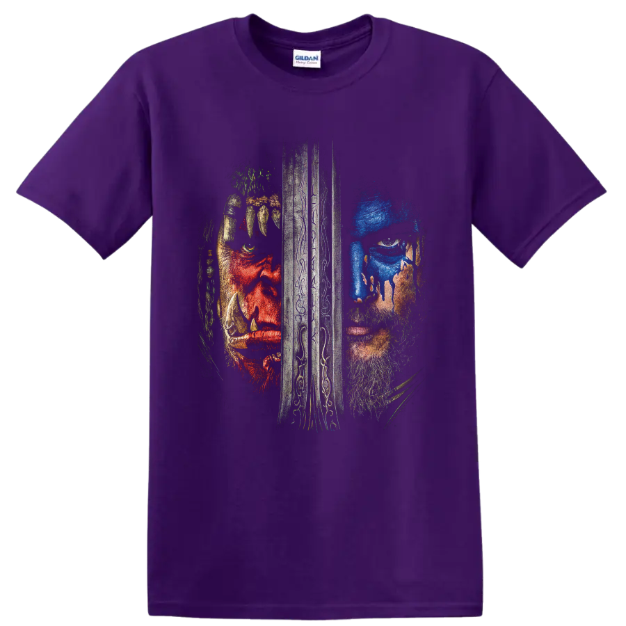 Warcraft Alliance and Horde split warrior portrait divided by an engraved sword on a Purple T Shirt