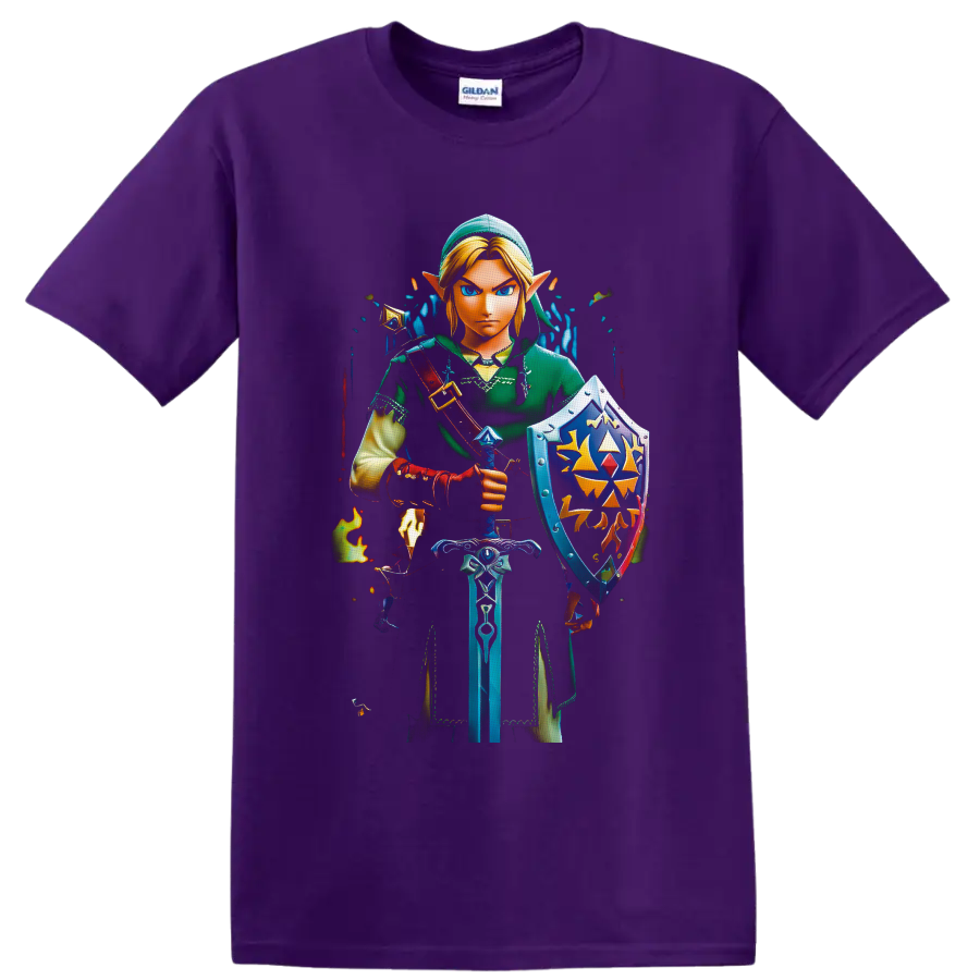 Link with sword and ornate shield in vivid fantasy game art on a Purple T Shirt