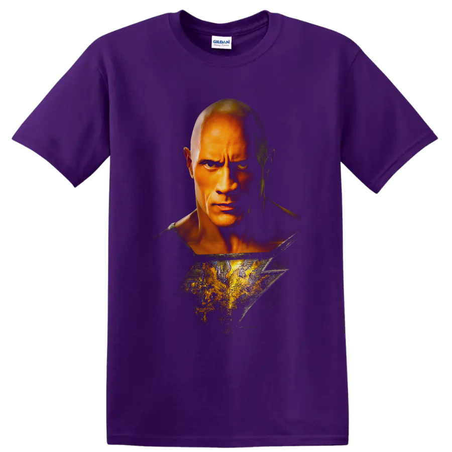 Black Adam portrait with cracked golden lightning motif and dramatic comic-style shadows on a Purple T Shirt