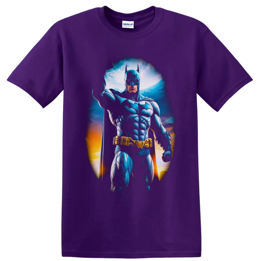 Batman White Lantern comic art with blue armor, gold belt, cape, and glowing skyline on a Purple T Shirt