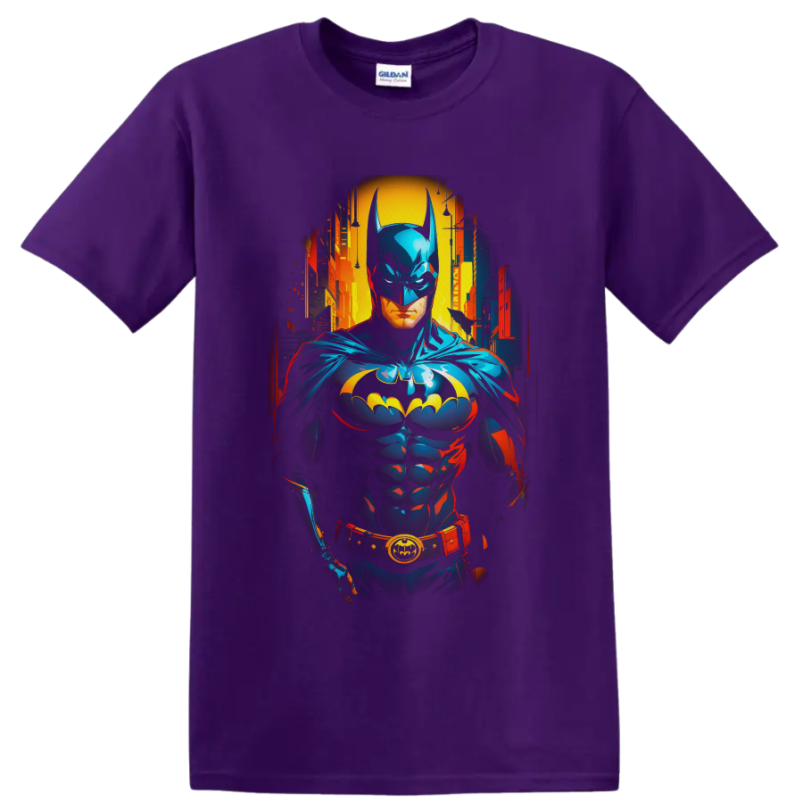 Batman in neon comic-book style before a glowing Gotham City skyline on a Purple T Shirt