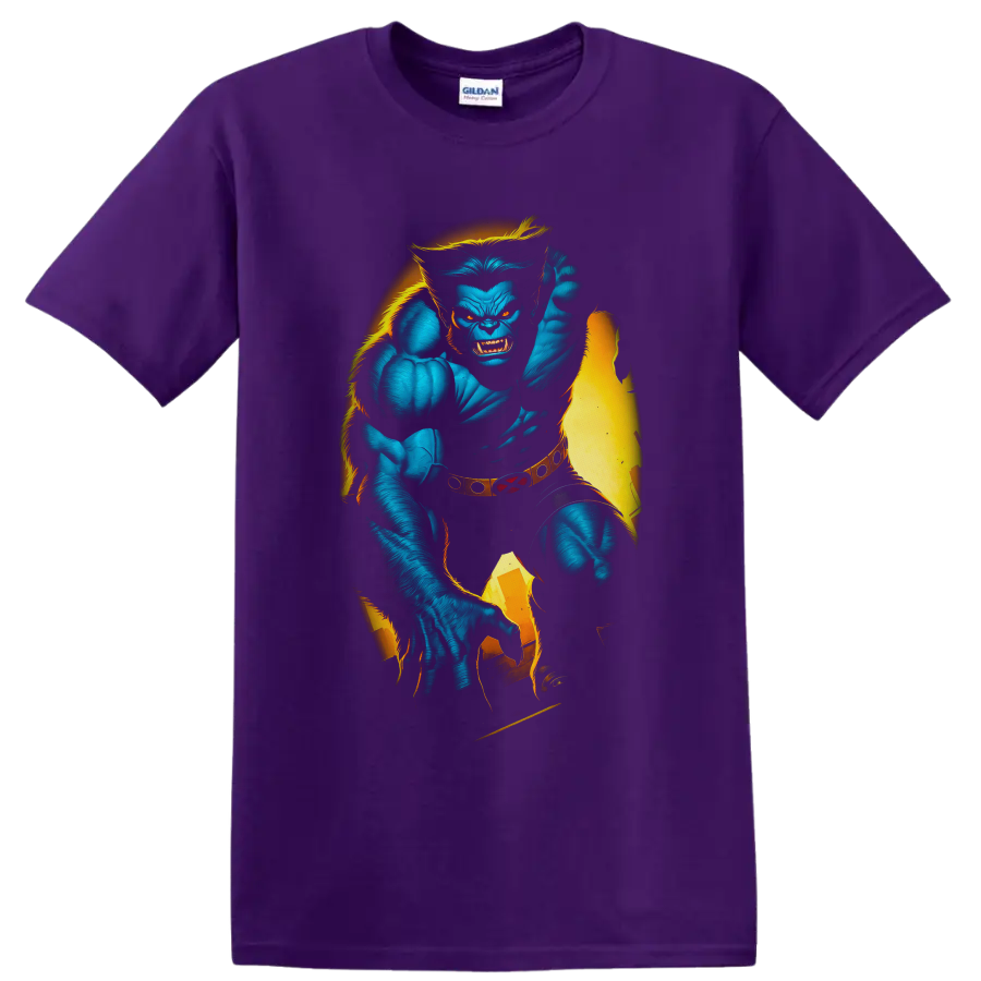Beast Hank McCoy blue mutant superhero comic art with torn yellow costume on a Purple T Shirt