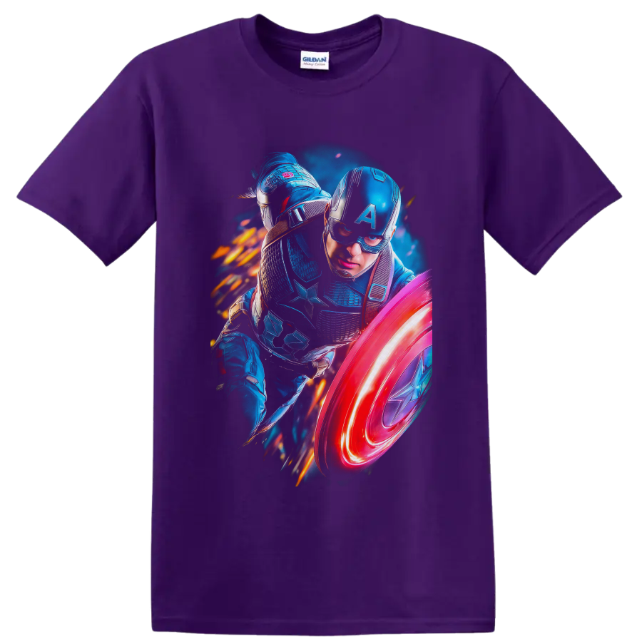 Sam Wilson Captain America in luminous armor with star shield and fiery action effects on a Purple T Shirt