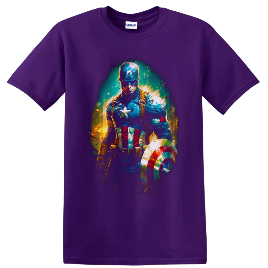Captain America Steve Rogers with shield in vivid comic-inspired action art on a Purple T Shirt
