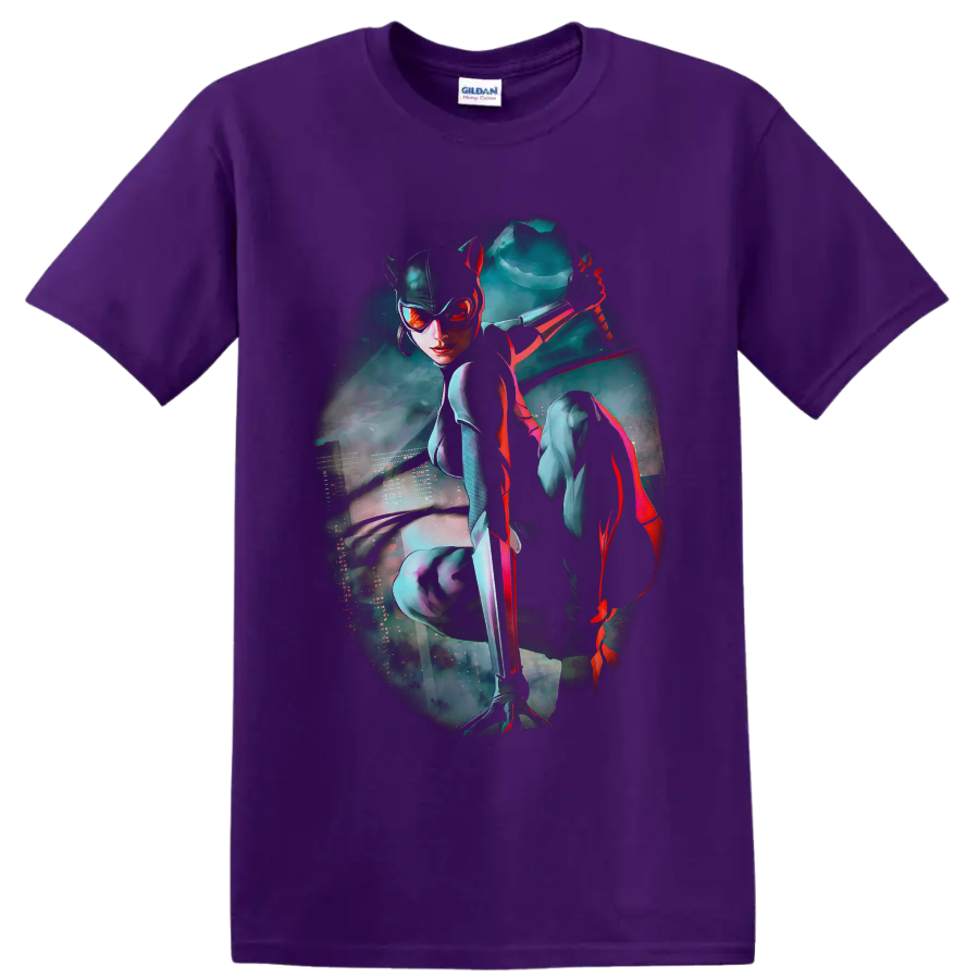 Catwoman cyberpunk art with whip, teal neon city mist, and red highlights on a Purple T Shirt