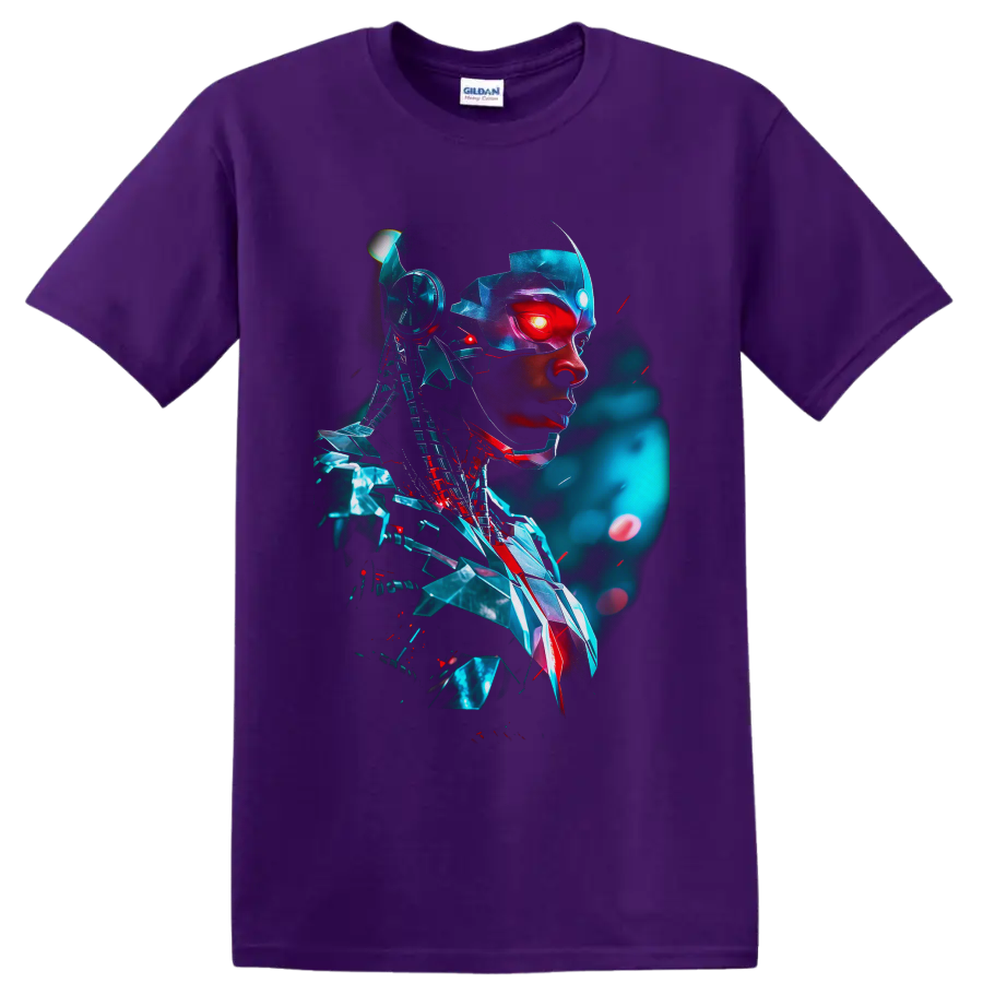 Cyborg Victor Stone cybernetic portrait with glowing red eye and teal futuristic armor on a Purple T Shirt