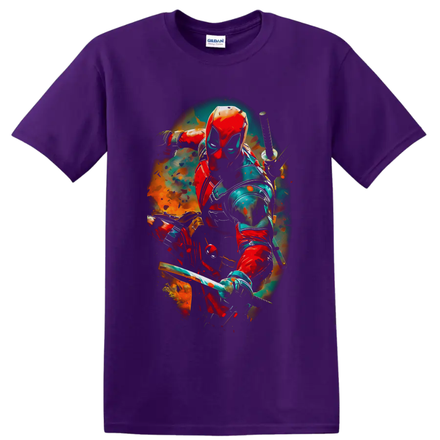Deadpool masked with katanas in vivid red, teal, and orange comic action art on a Purple T Shirt