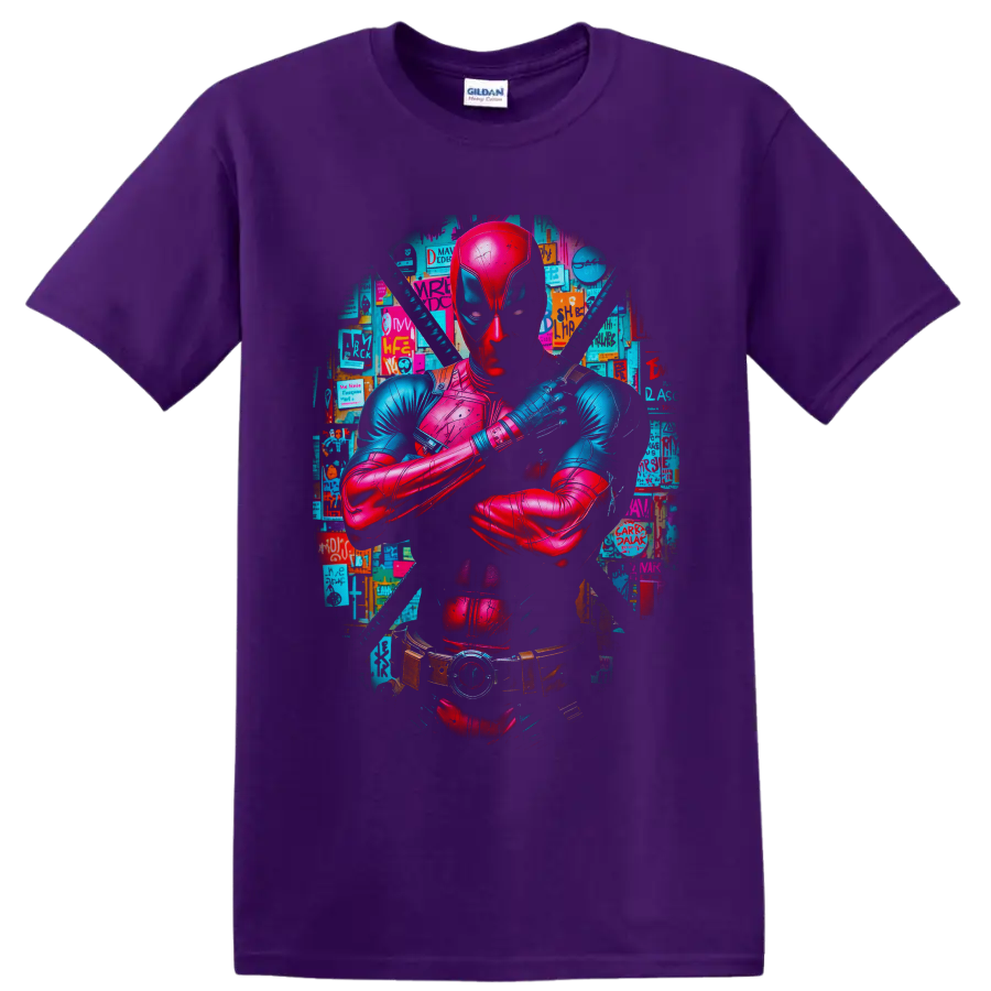 Deadpool neon comic portrait with crossed arms, twin katanas, and poster collage on a Purple T Shirt