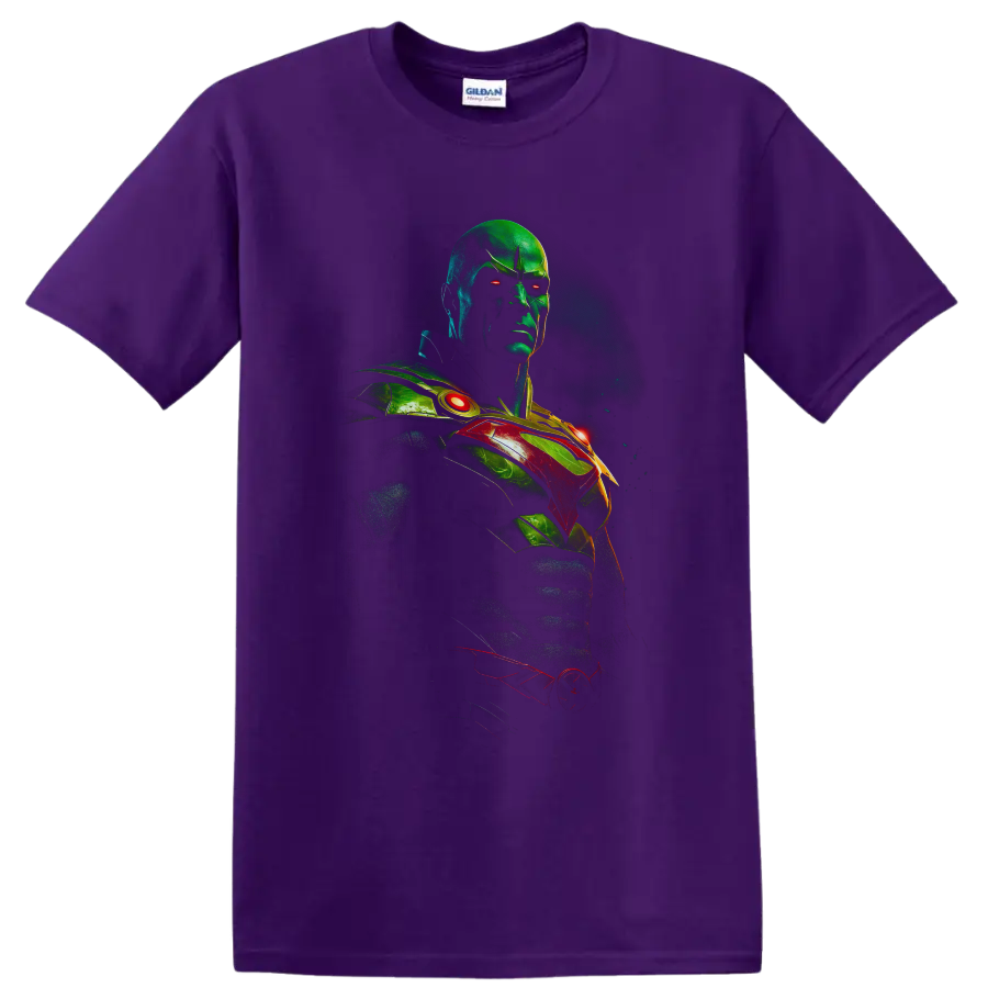 Martian Manhunter J'onn J'onzz neon cosmic superhero portrait with glowing red eyes on a Purple T Shirt