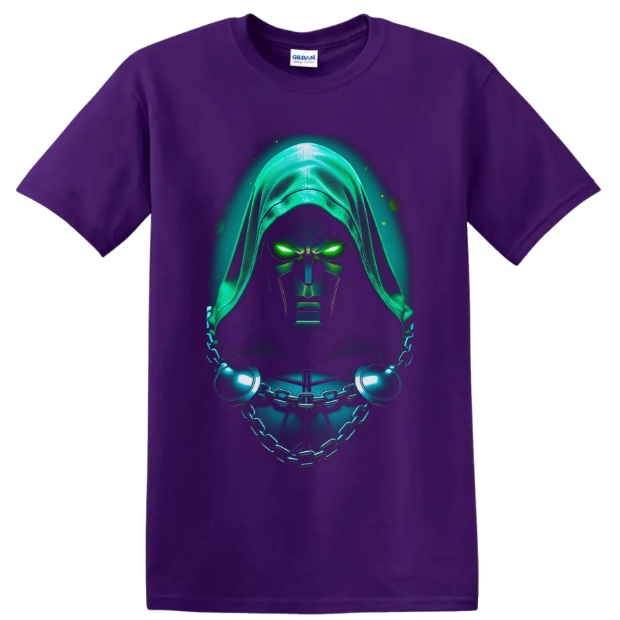 Doctor Doom in neon-green hooded armor with glowing eyes and chained chest on a Purple T Shirt