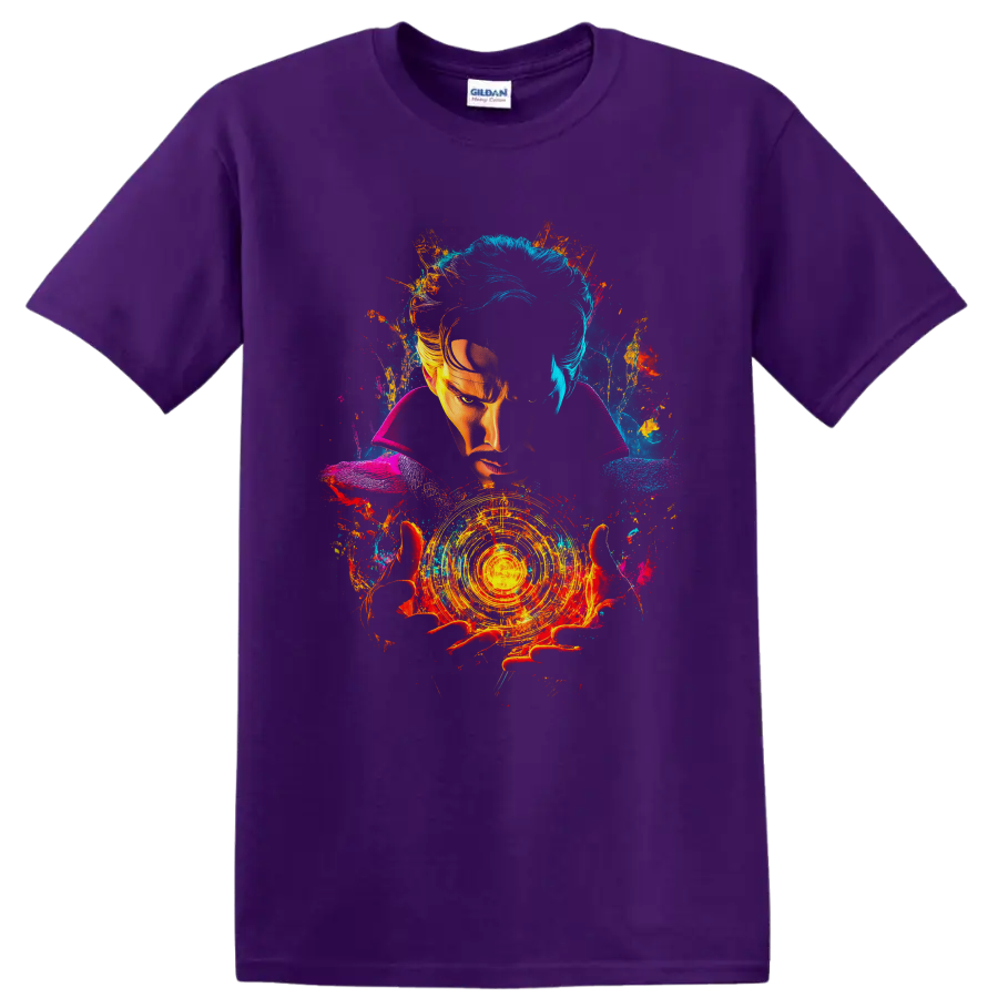 Doctor Strange portrait with glowing magic circle and vibrant cosmic paint splashes on a Purple T Shirt