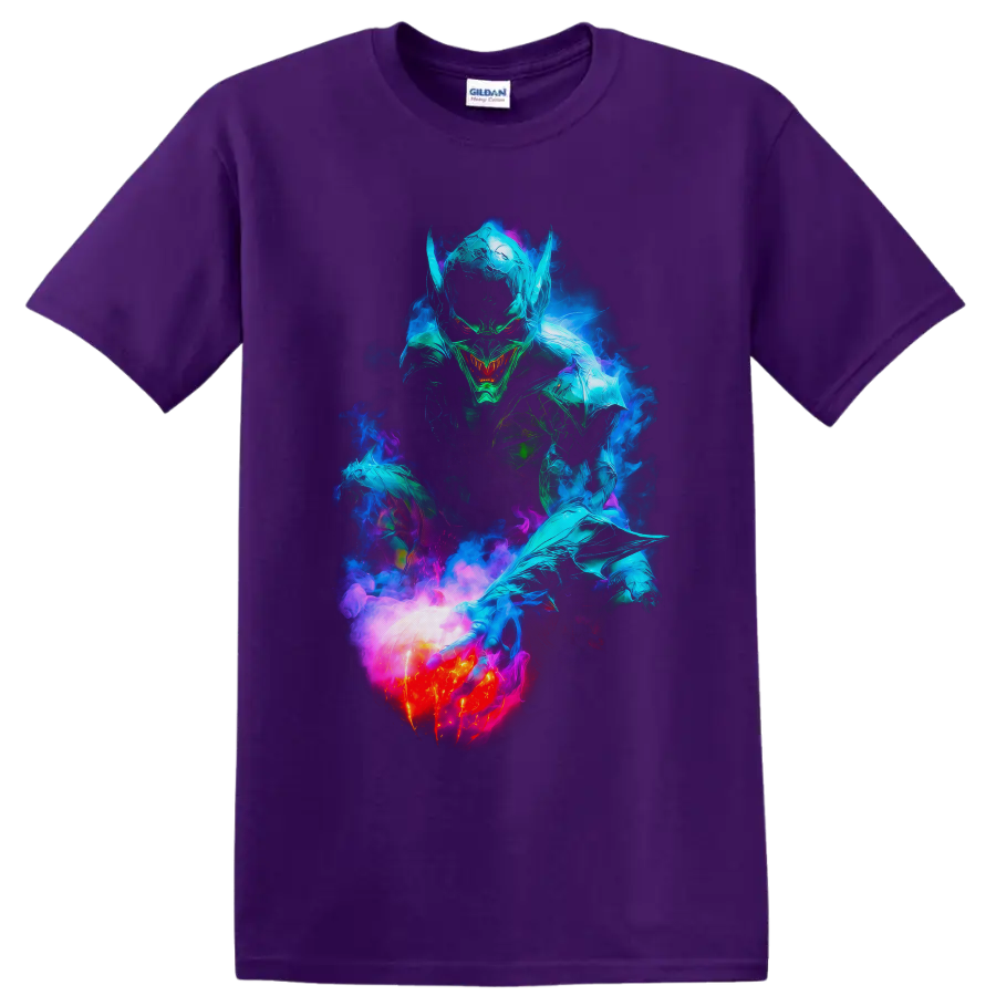 Green Goblin neon comic art with glowing pumpkin bomb and swirling smoke on a Purple T Shirt