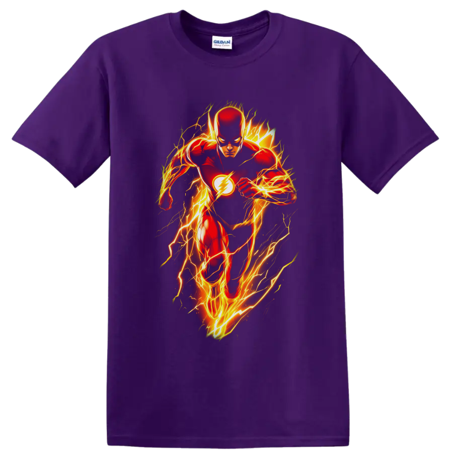The Flash Barry Allen comic art sprinting through glowing yellow-orange lightning on a Purple T Shirt