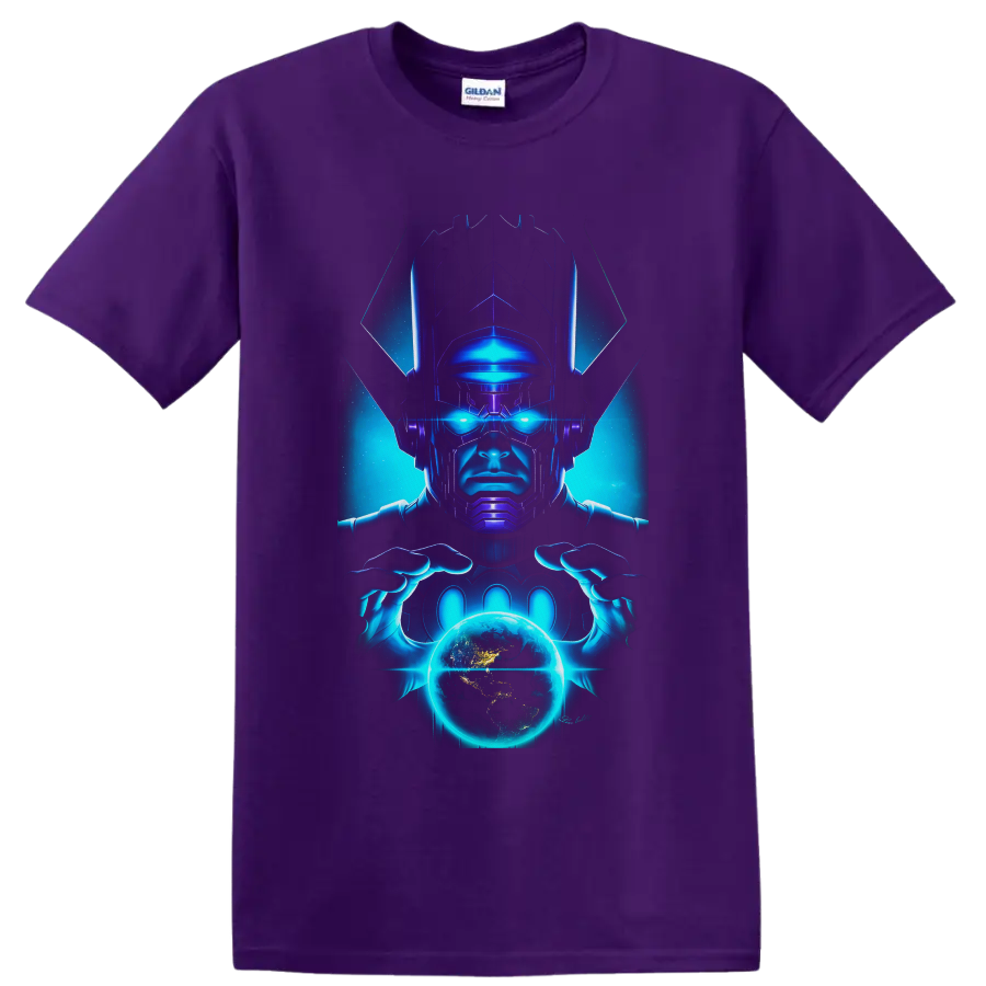 Galactus cosmic comic artwork with glowing blue eyes holding a radiant planet on a Purple T Shirt