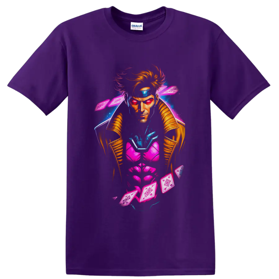 Gambit neon comic portrait with glowing playing cards and blue energy effects on a Purple T Shirt
