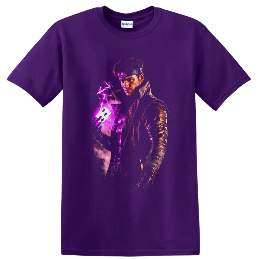 Gambit portrait with charged playing card, purple lightning, and neon comic energy on a Purple T Shirt