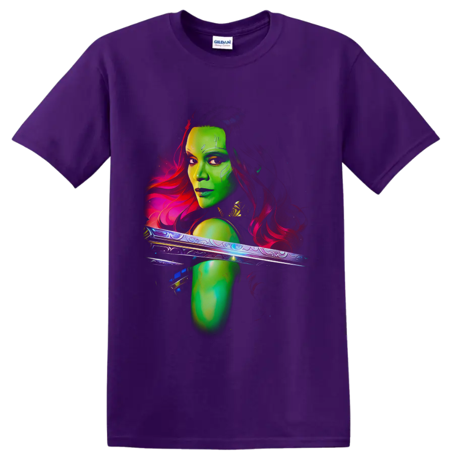 Gamora cosmic sword warrior portrait in vivid neon sci-fi digital art on a Purple T Shirt