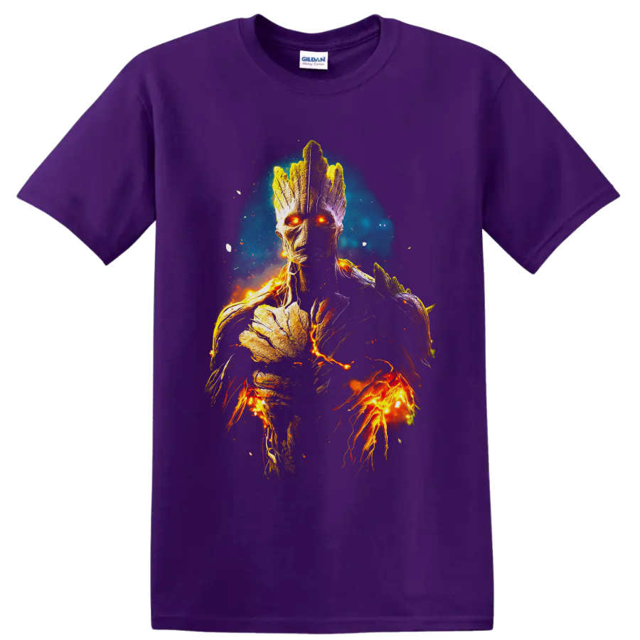 Fiery cosmic Groot portrait with glowing orange eyes, bark texture, sparks, and teal halo on a Purple T Shirt