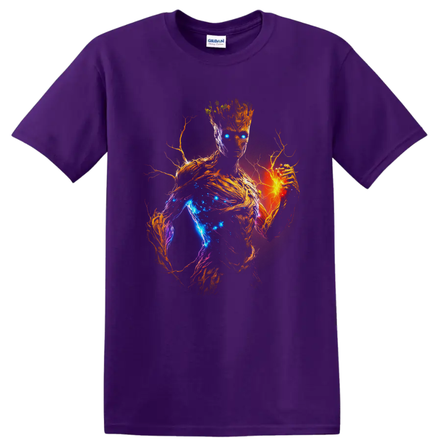 Groot cosmic neon portrait with glowing blue energy, fiery orange hand, and branching bark on a Purple T Shirt